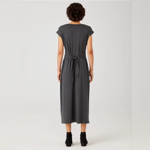 ❤️ EILEEN FISHER NAVY BLUE FINE JERSEY TIE WAIST MIDI DRESS, SMALL - Picture 3 of 12